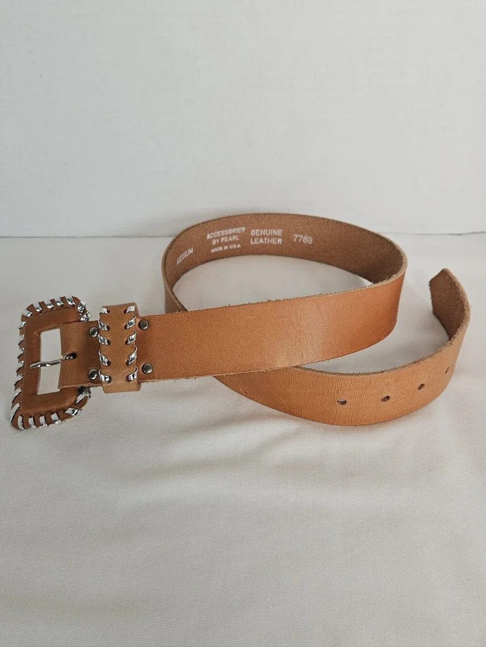 Accessories by Pearl Vintage Leather Whipstitch Wide Belt Tan Medium